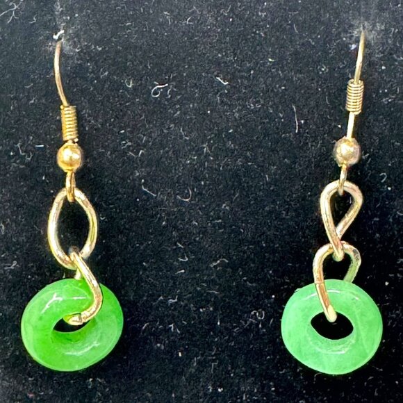 Green Jade Dangle Earrings Donut Ring Classic Simple Y2K Gold-Tone Hooks - Picture 2 of 5